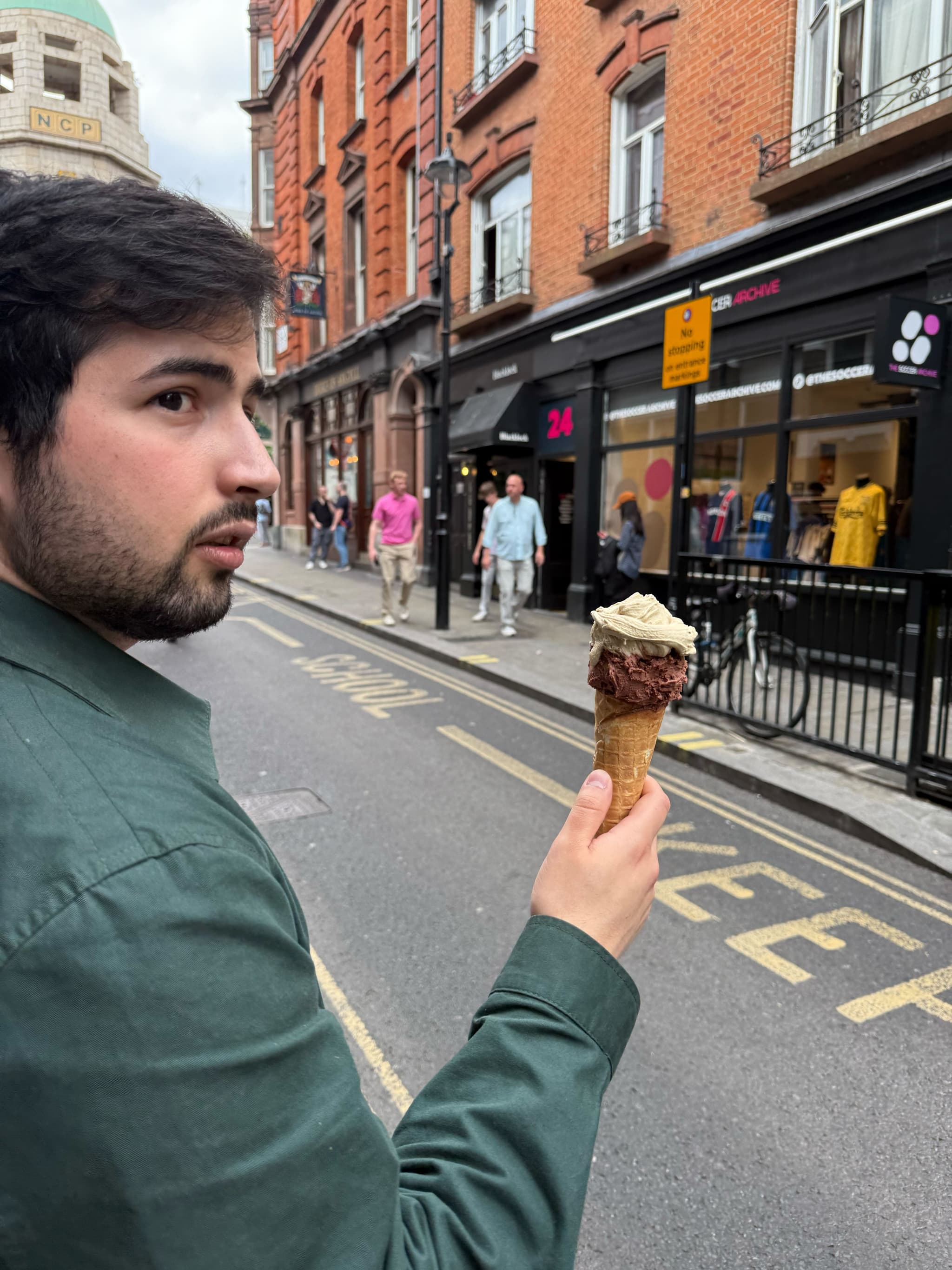 Testing chocolate-pistachio gelato while strolling Soho