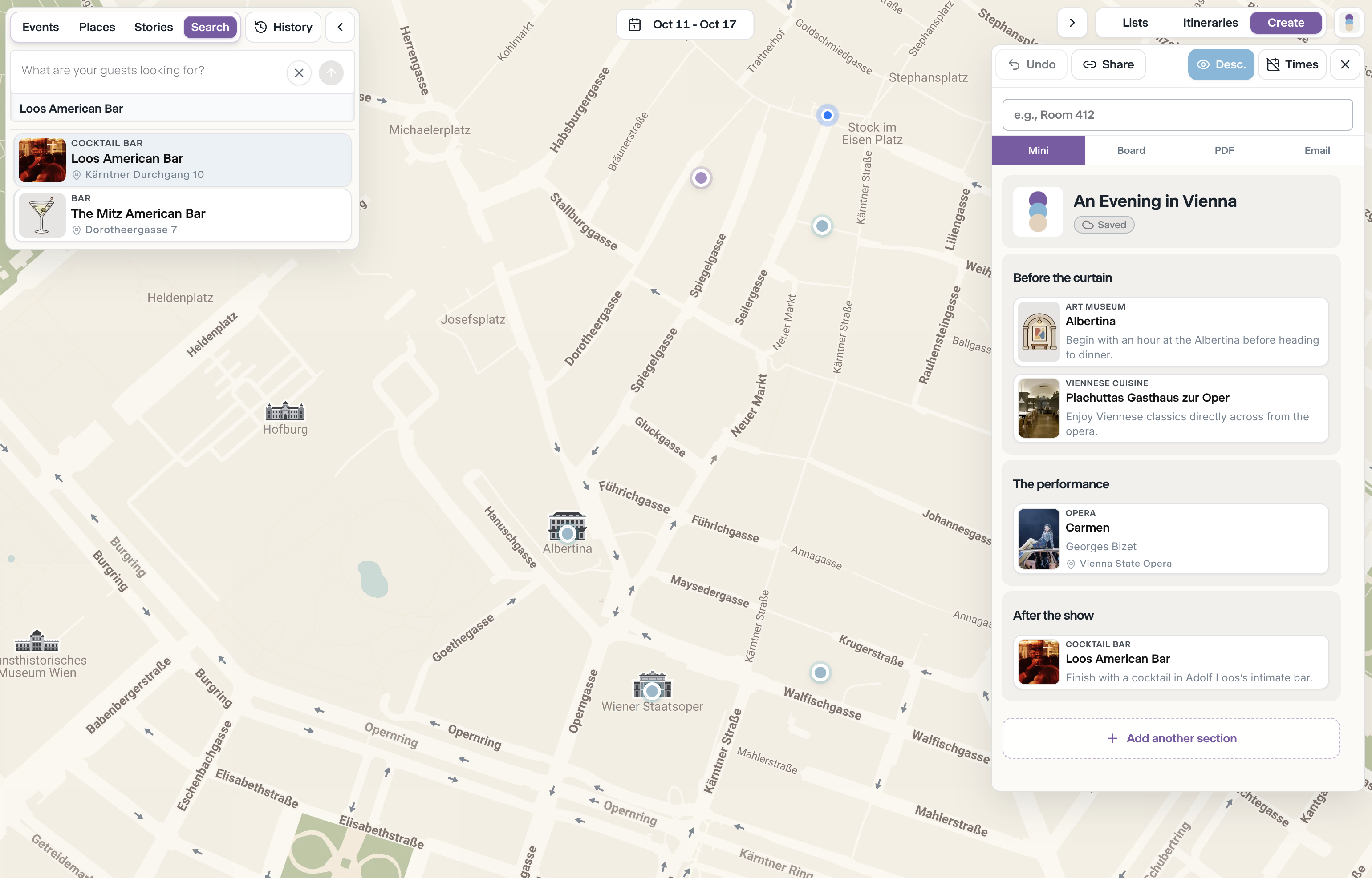 Vibeslist editor showing An Evening in Vienna with its map and four recommendations
