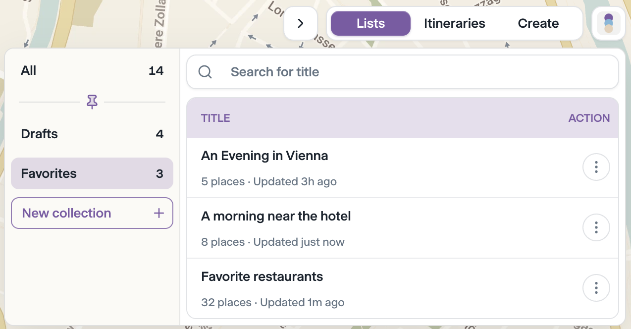 Vibeslist lists library showing An Evening in Vienna, A morning near the hotel, and Favorite restaurants