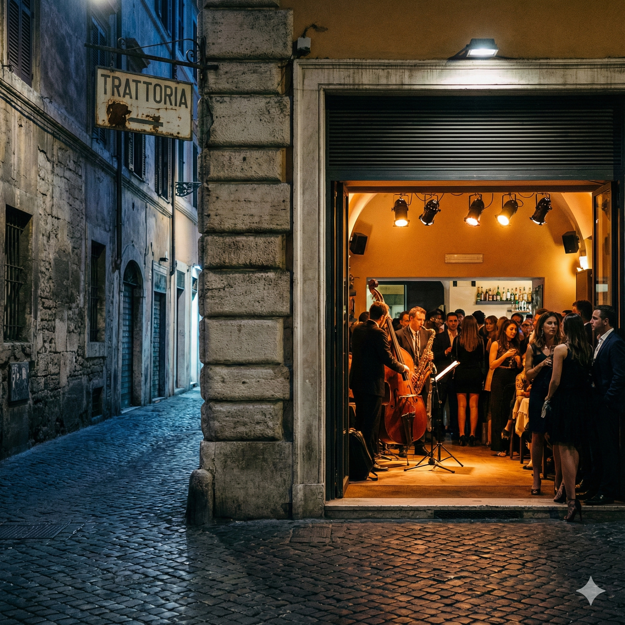 A warm, golden-lit jazz bar interior viewed from a dark, narrow cobblestone street in Rome, featuring musicians and an elegant crowd, representing the clarity and beauty of a curated city experience.